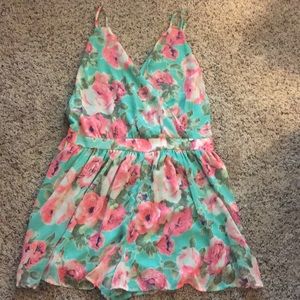 Aqua and Pink Floral Backless Romper